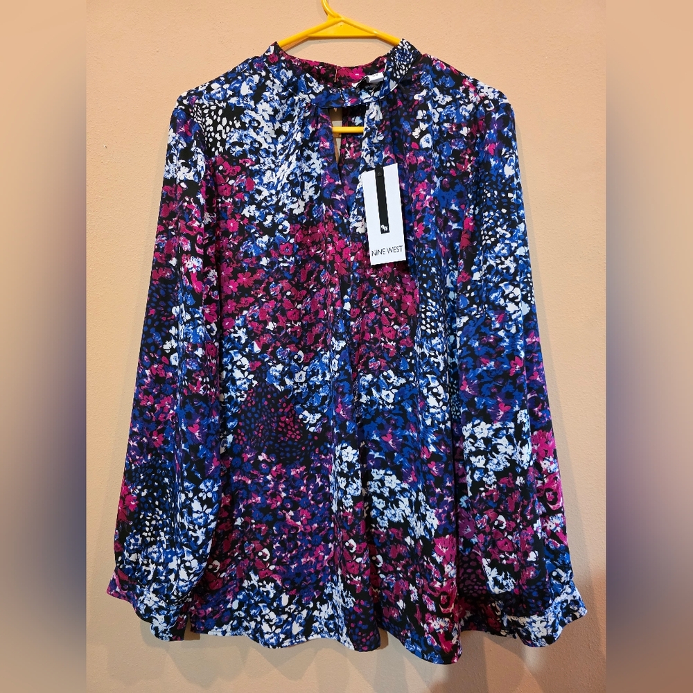 Nine West Floral Print Long Sleeve Blouse - Blue & Pink SizeL NWT